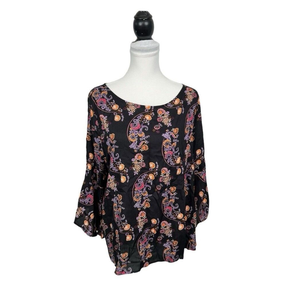 Harlow & Rose Blouse Womens XL Black Floral Ruffle 3/4 Sleeves Rayon Boho Flower